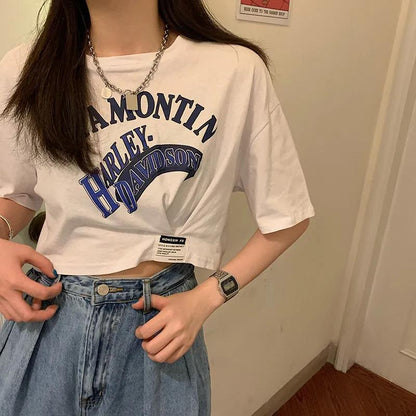 Women's Fashion Round Neck Digital Printing Half Sleeve Asymmetry Short T-shirt