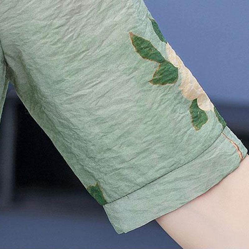 Women's Summer Cotton Linen Round Neck All-match Short Sleeve Floral Top