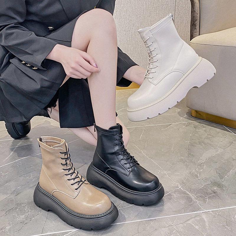 Autumn and Winter Leather Sponge Cake Thick-soled Martin Boots Thin Single Boots Heightening Short Boots All-match