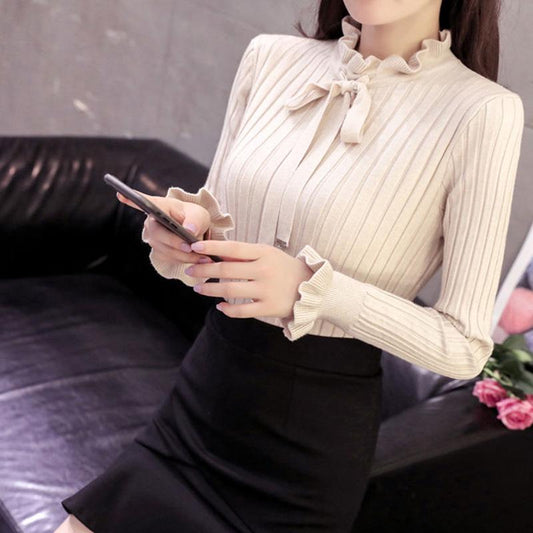 Bowknot Korean Knit Sweater Autumn and Winter Long-sleeved Slim Pullover Sweater Wood Ear Bottoming Shirt