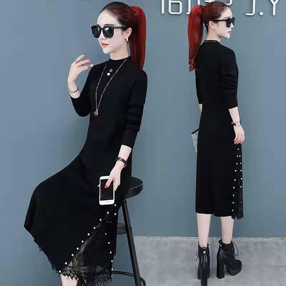 Sweater Dress Female Long-sleeved Autumn Winter Thickened Over Knee Knitted Skirt Black Long Skirt