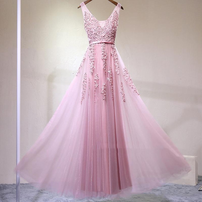 Charming Sexy Women Dress A-Line V-Neck Sleeveless Elegant Embroidery Long Prom Dress Evening Dress