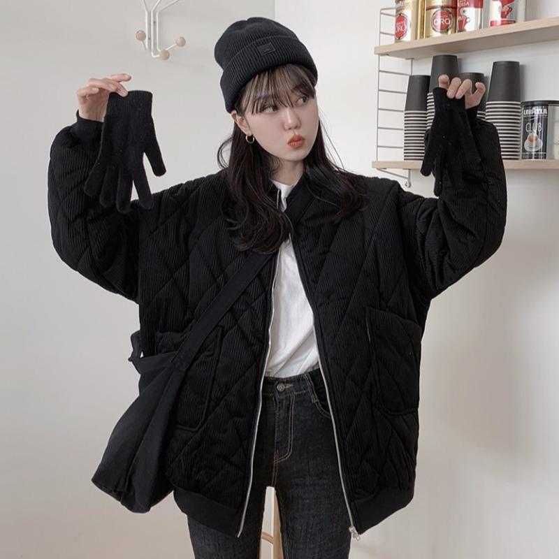 Fall Winter Women Cotton Liner Parka Jacket Coat with O-neck Puffer Corduroy Preppy Style Zipper Pockets Retro Loose Solid Color Black Khaki S-XL