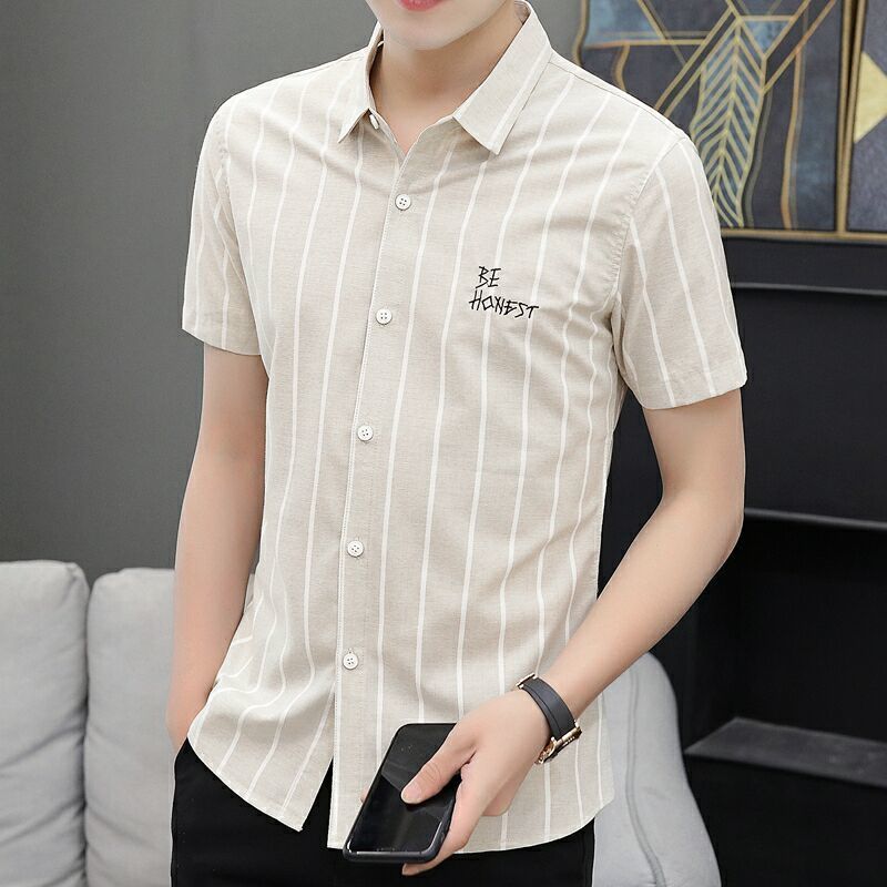 Men's Short-sleeved Shirts Summer Slim and Handsome Casual Shirts Youth Men's Half-sleeved Shirts Stripes