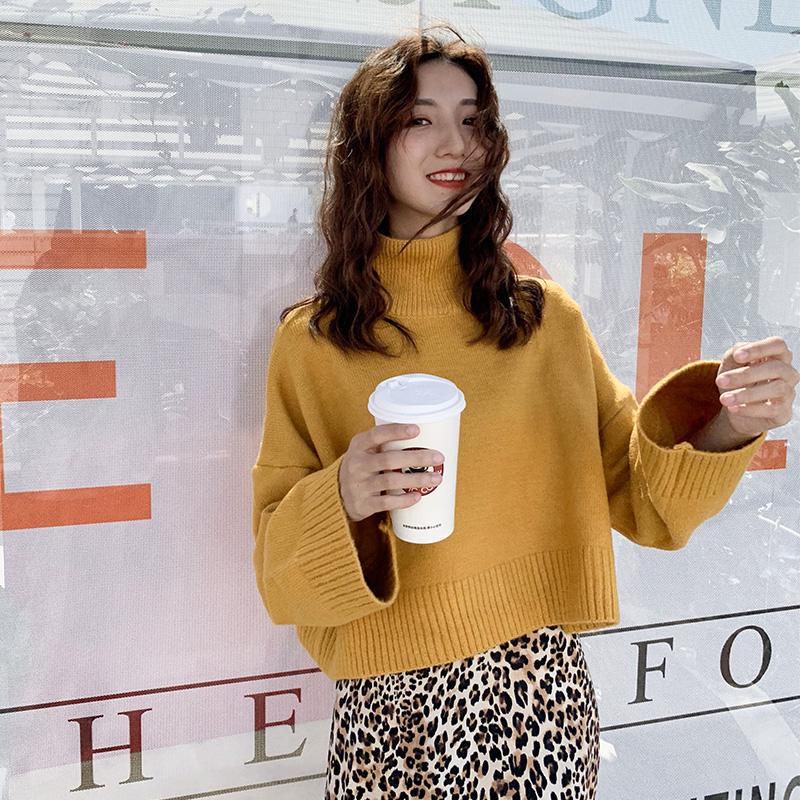 Women's Solid Color Half-neck Long Sleeve Pullover Sweater Casual Loose Tops Girl's Wild Sweater