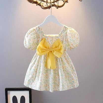 Girls Summer Dress Children's Skirt Sweet Princess Dress Bow A-line Short Sleeve Dress Fabric Lightweight Breathable