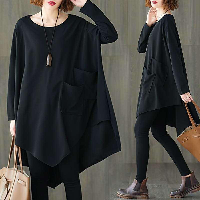 Large Size Women's Dress Loose Cover Belly Black Skirt Round Neck Pocket Jacket