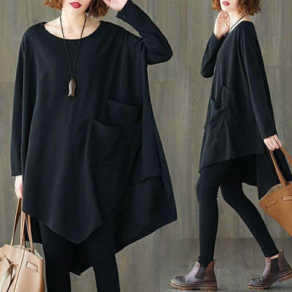 Large Size Women's Dress Loose Cover Belly Black Skirt Round Neck Pocket Jacket