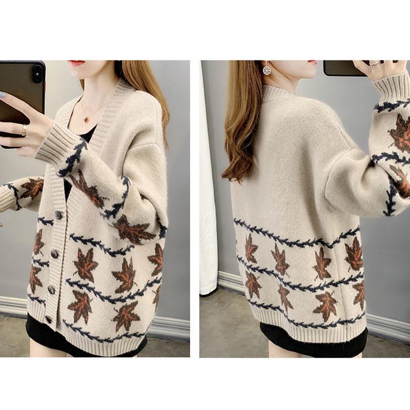 Autumn and Winter Loose Sweater Maple Leaf Pattern Coat Knitted Cardigan Blouse