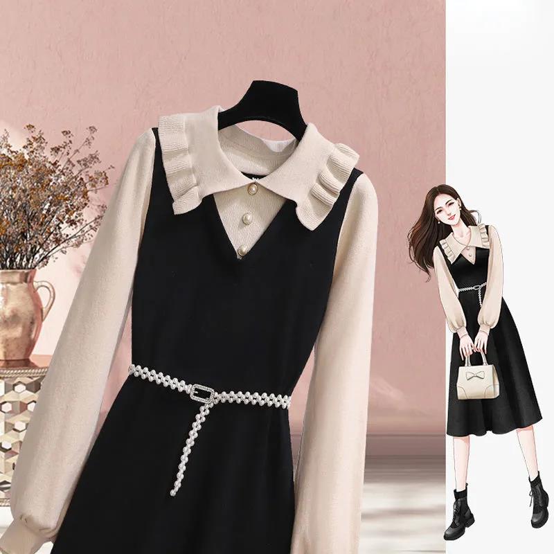 French A-line Board Waist Dress New Autumn and Winter with Fake Two-piece Base Skirt with Coat Long Skirt Temperament Suit