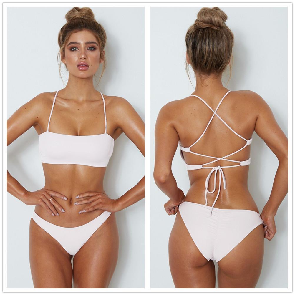 WTEMPO Solid Color Bikini Ladies Cross Bandage Swimsuit with Chest Pad Sexy Bandeau High Quality