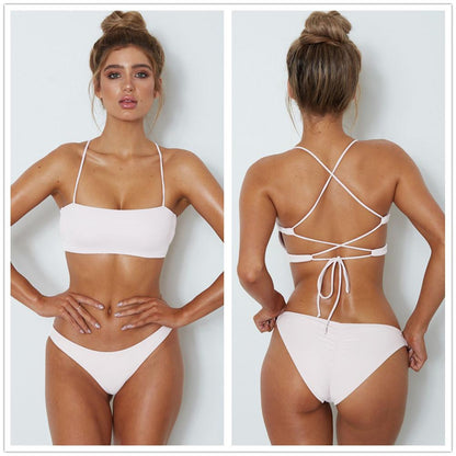 WTEMPO Solid Color Bikini Ladies Cross Bandage Swimsuit with Chest Pad Sexy Bandeau High Quality
