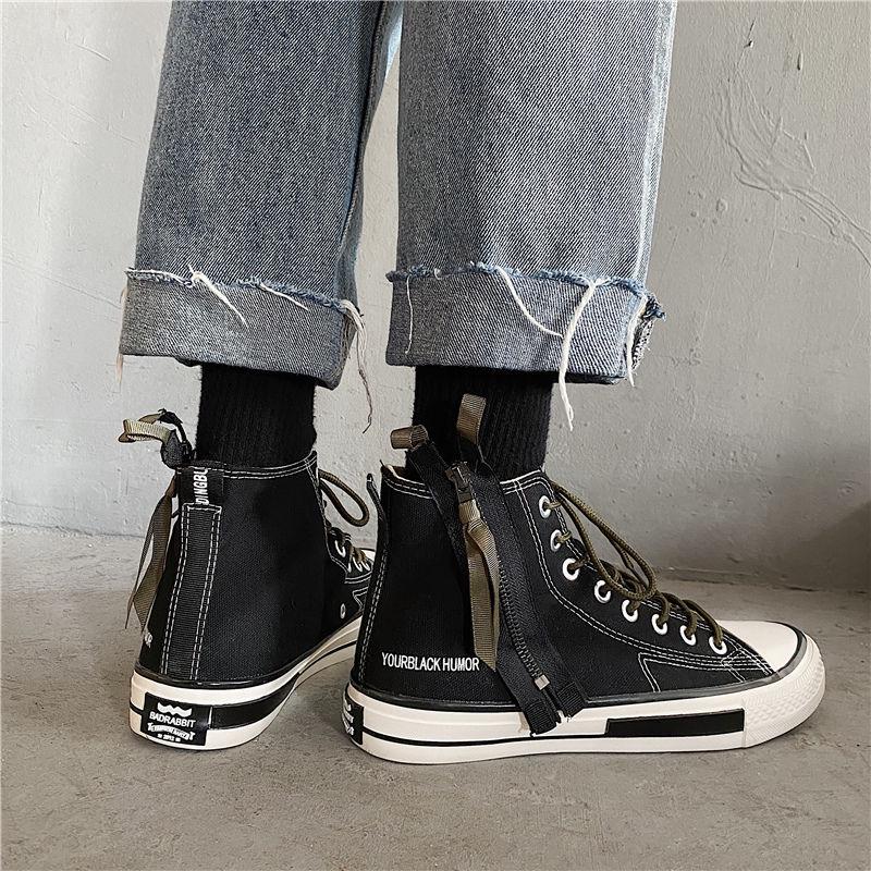 Men High Top Canvas Shoes Lace-up Sneakers Unisex Casual Shoes with Side Zipper Classic Retro Style Black High Quality Female