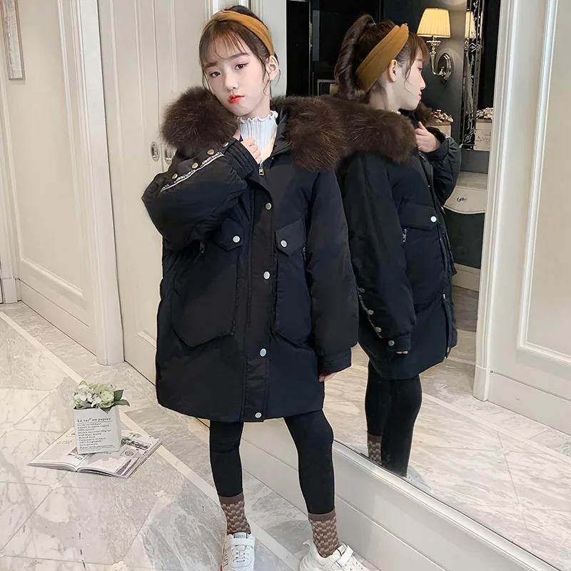 Girls' Warm and Windproof Cotton Coat Mid-length Thick and Velvet Autumn and Winter Jacket