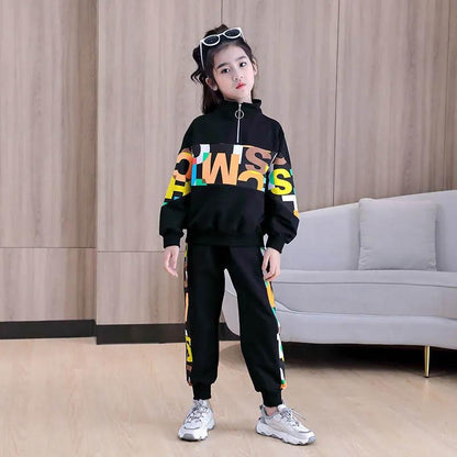 Girls Spring and Autumn Suit Thin Section Breathable Lightweight Sports Casual Letter Printing Pullover Loose Children's Two-piece Set