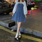 Women's Spring and Summer French Minority Retro Square Neck Bubble Sleeve Age Reduced Waist Long Sleeve Denim Dress