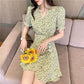 Women's Summer Floral Dress V-neck Slim Puff Sleeve Skirt