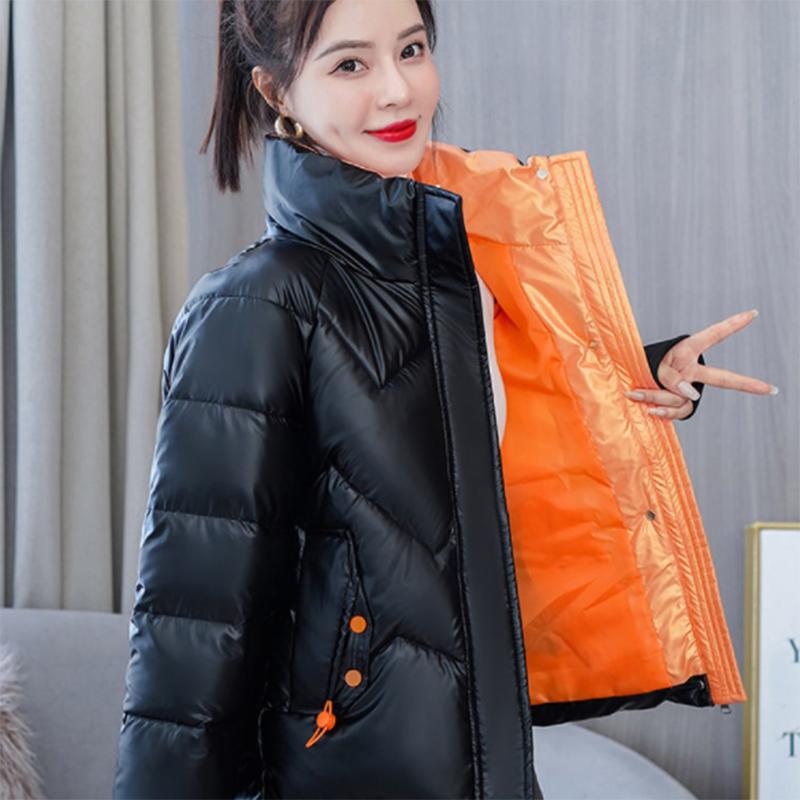 Women's Shiny Short Down Jacket Winter Korean Style Loose Quilted Jacket Casual Stand-collar Padded Jacket