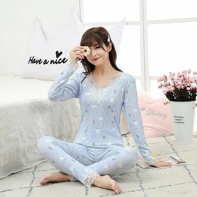 Qiuyi Long Trousers Women's Suit V-neck Round Neck Spring and Autumn Girls Students with Slim Bottoming Underwear Ladies Suit