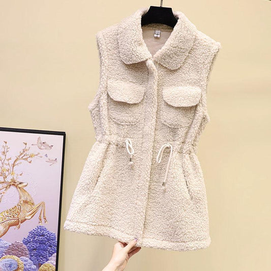 Fur One-piece Plush Vest Women's Autumn and Winter Long Loose and Versatile Outer Wear Vest Jacket Polo Collar Sleeveless Plush Jacket