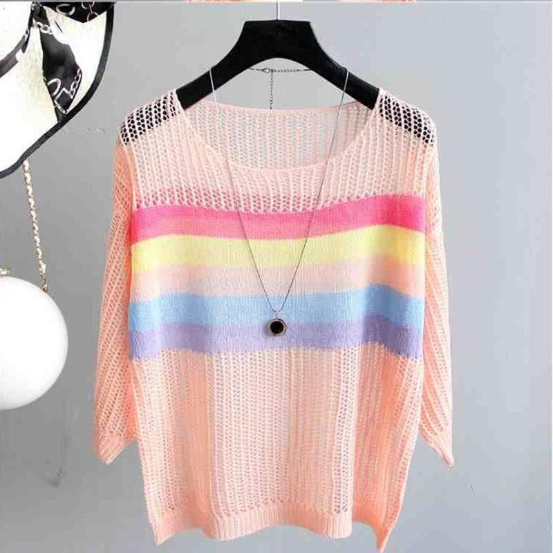 Cutout Knit Sun Blouse Loose Thin Top Women's Contrast Stripe Cutout Hollow Knit Sweater Women's Sexy See-through Dress