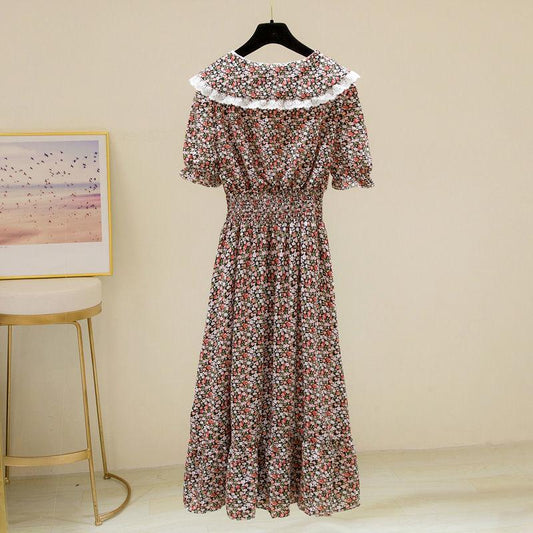 Women's Summer Dress with Waist and Thin French Retro Style Elegant and Sweet Chiffon Floral Mid-length Skirt Fabric Light and Breathable