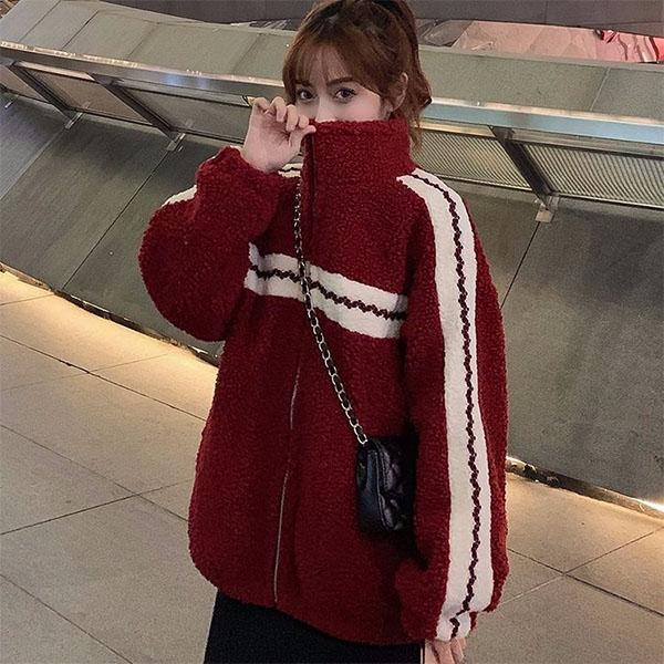 Autumn and Winter All-match Lamb Wool Stand-up Collar Jacket Women Retro Loose Thickened Lamb Wool Jacket Short