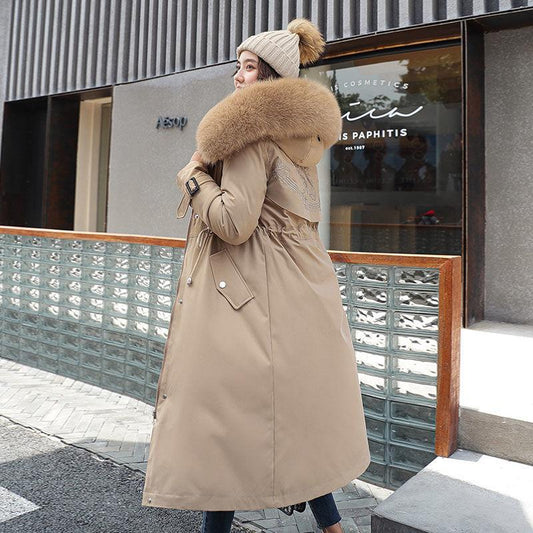 Women's Fashion Winter Down Jacket Medium Length Thickened Warm Women's Parka Hooded Wool Collar Cotton Padded Jacket