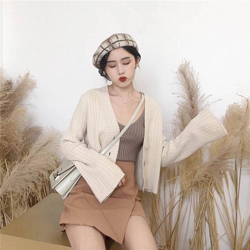 Women Spring Autumn Short Cardigan Sweater Coat Female Fahison Long Flare Sleeve Knitted Jacket Tops