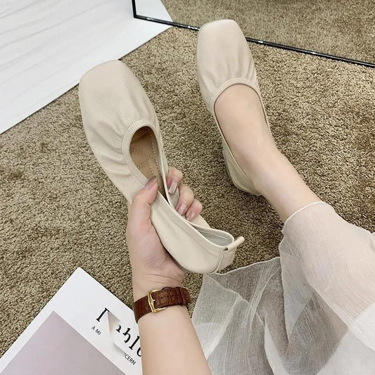 Shallow Flat Shoes Women's All-match Soft Leather Soft Sole Super Soft Beanie Shoes Lazy Shoes Slip-in Type One-step Wearable