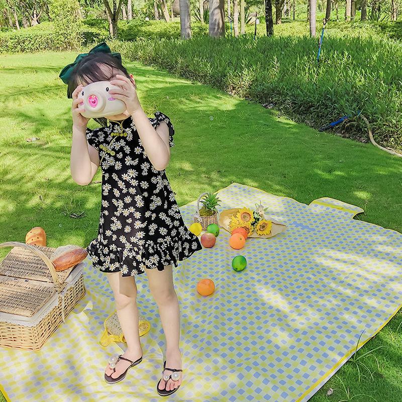 Spring and Summer Girls, Small and Medium-sized Children Western Style Floral Lotus Leaf Princess Dress Flying Sleeve Cheongsam Dress One-piece Skirt
