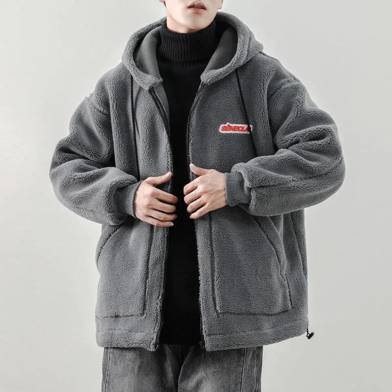 Winter Original Cotton Jacket Men's Lamb Wool Hooded Cotton Jacket Solid Color Handsome All-match Jacket Loose Thick Warm Cotton Jacket
