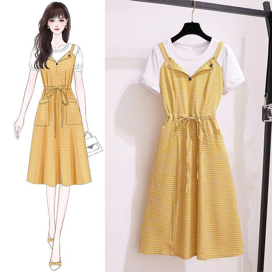 Women Summer Dress Mid-length Plaid Stitching Fake Two-piece Dress Female party Plus Size Dress with Pockets