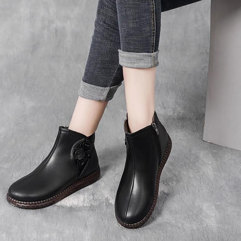 Plus Velvet Padded Cotton Shoes Short Boots Retro Anti-slip Tendon Bottom Real Soft Leather Boots Women