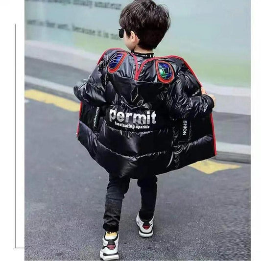 Boys Ultraman Glasses Wash-free Water Proof Bright Leather Korean Version of Winter Plus Velvet Warm Jacket Padded Jacket Thick Down Jackets