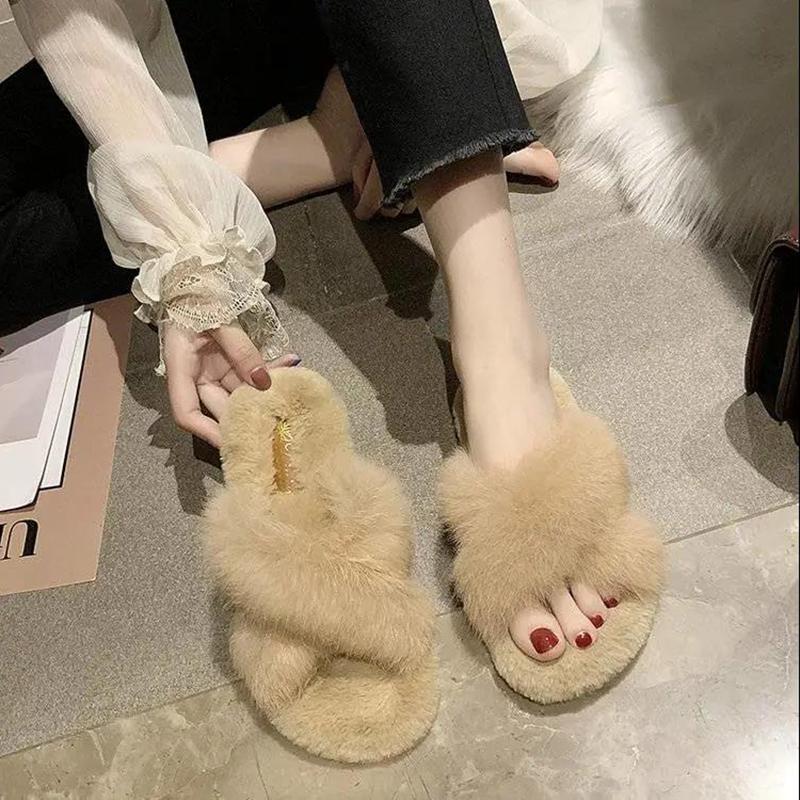 Outer Wear Fur Slippers Woman Made Rabbit Fur Cross Cotton Mop Home Warmth Cotton Mop Cute Warm Breathable and Comfortable