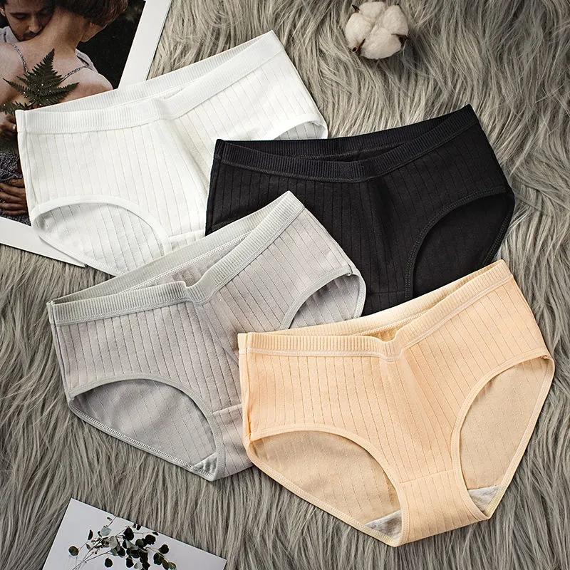 4PCS Cotton Underwear Women's Comfortable Sexy Lingerie Breathable Student Less Antibacterial Mid-low Waist Briefs Ladies Striped Underwear Bottoms