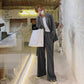 Women Suit Tie Button Waist Blazer and Wide Leg Trousers 2 Piece Set | Korean Fashion Top and Bottom Set Women Suits Jacket Pants Chic Style