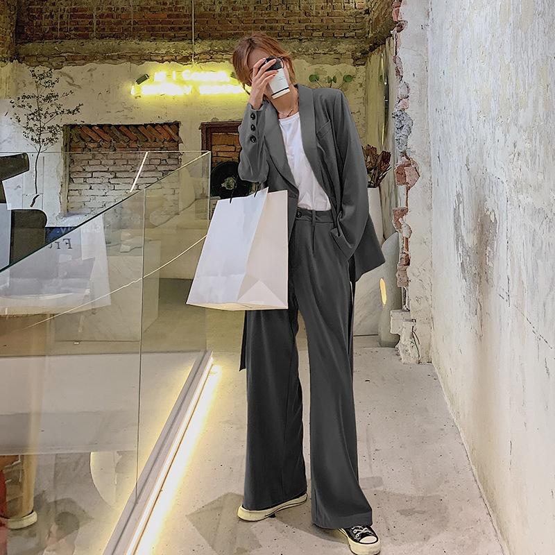 Women Suit Tie Button Waist Blazer and Wide Leg Trousers 2 Piece Set | Korean Fashion Top and Bottom Set Women Suits Jacket Pants Chic Style