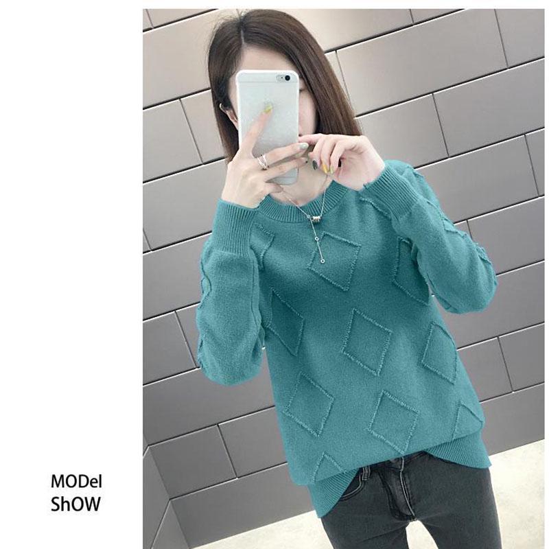 Warm O-neck Sweater Purple Color Rhombus Sweater Knitted Plain Sweater Women Knitwear Long Sleeve