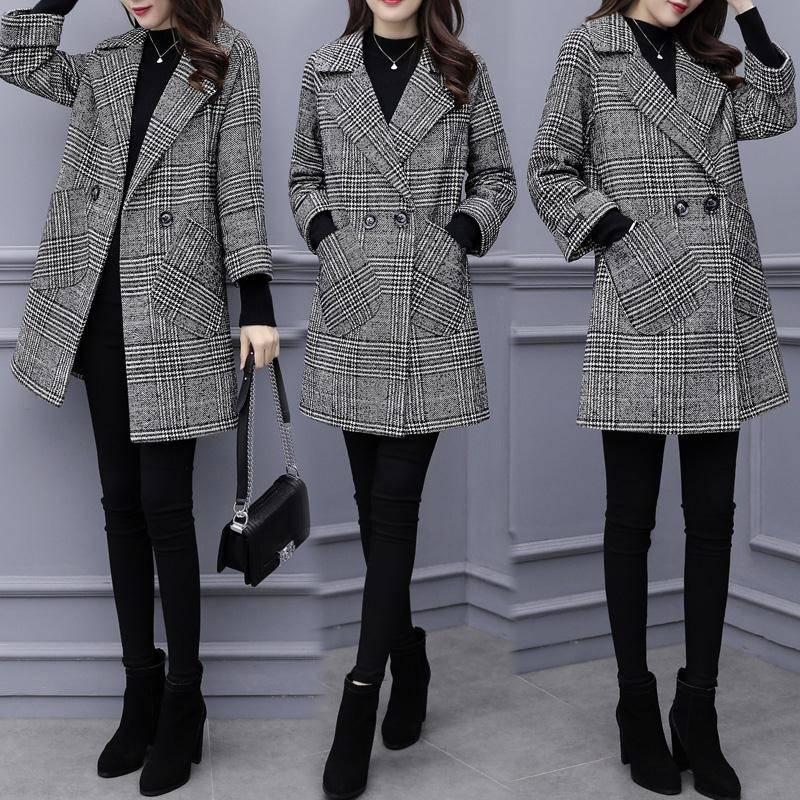Women Outerwear Winter Clothing Fashion Warm Woolen Blends Female Plaid Double Breasted Woolen Coat