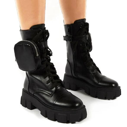 Winter Fashion Motorcycle Boots Wedges Flat Boots Side Zipper Women High Heel Platform PU Leather Boots Lace Up Women's Shoes Fashion Platform Boots