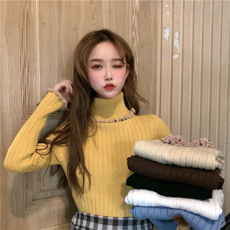 Pofulove women's autumn and winter wear thick warm long-sleeved sweaters color-blocking turtleneck
