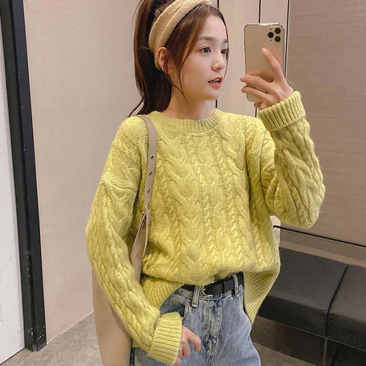Thick Sweater Women Knitted Ribbed Pullover Sweater Long Sleeve Round Neck Jumper Soft Warm Autumn Winter
