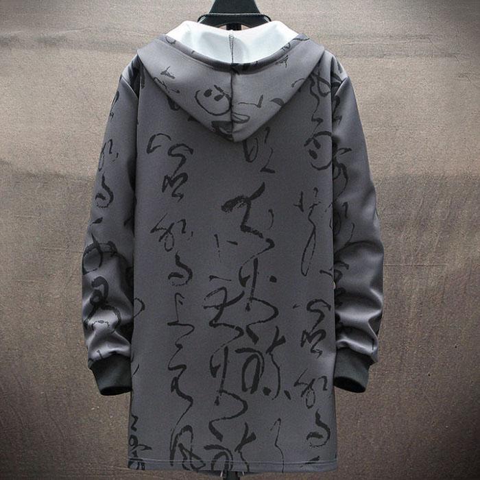 Chinese Calligraphy Print Jacket Men Hooded Windbreaker Spring Casual Loose Coat Soft Comfortable Top Long