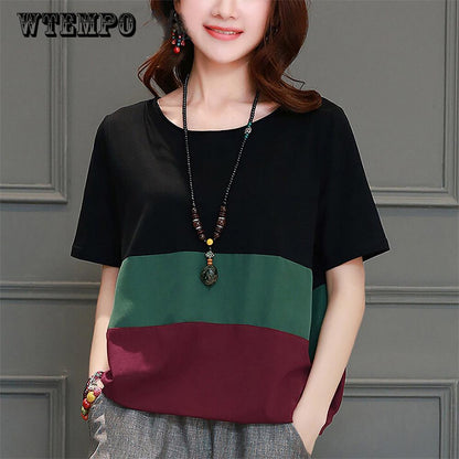 casual large size L-4XL loose long-sleeved T-shirt female Stitching t-shirt O-Neck T-shirt