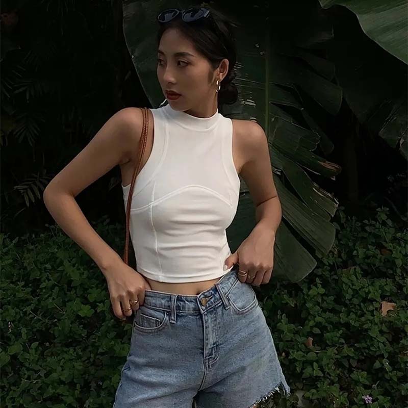 Y2k American Vest Suspenders Women's Sleeveless Slim Fit Crop Top Sexy Slight Stand Collar Shorts Top Steetwear Outerwear Bottoming Shirt Solid Color