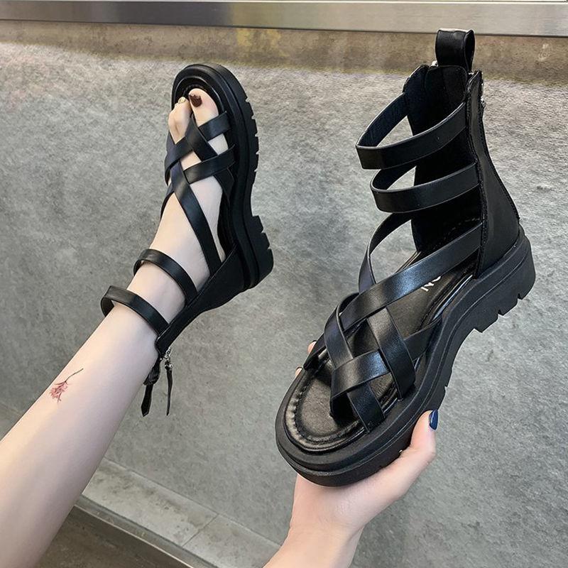 Net Red Women's Spring and Summer Sandals Flip Toe Platform Platform Women's Shoes Back Zipper Roman High Cutout Sandals