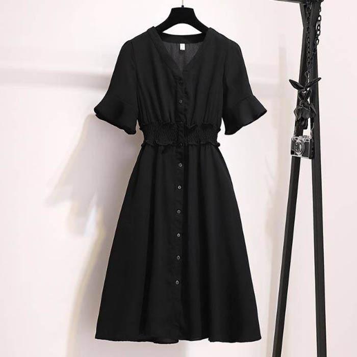 L-5XL Women V-neck Elastic Waist Red Dress Plus Size Slim Short-sleeved Long A-line Dress