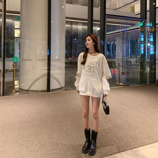Round Neck Heavy Industry Sweater Women Autumn Loose Long-sleeved Shirt Letter Stitching Fashion Sweater
